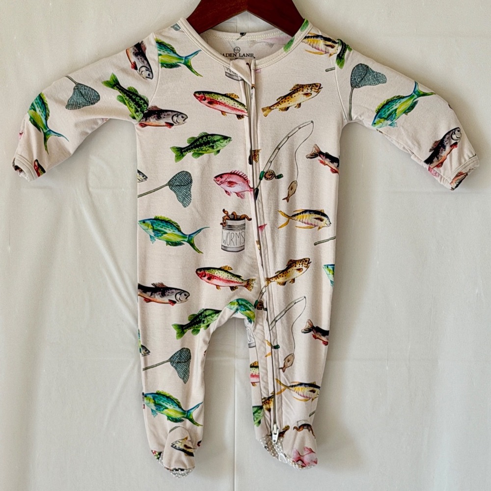 Caden Lane NB Fishing Print Bamboo Viscose Footed Sleeper Pajamas Tan